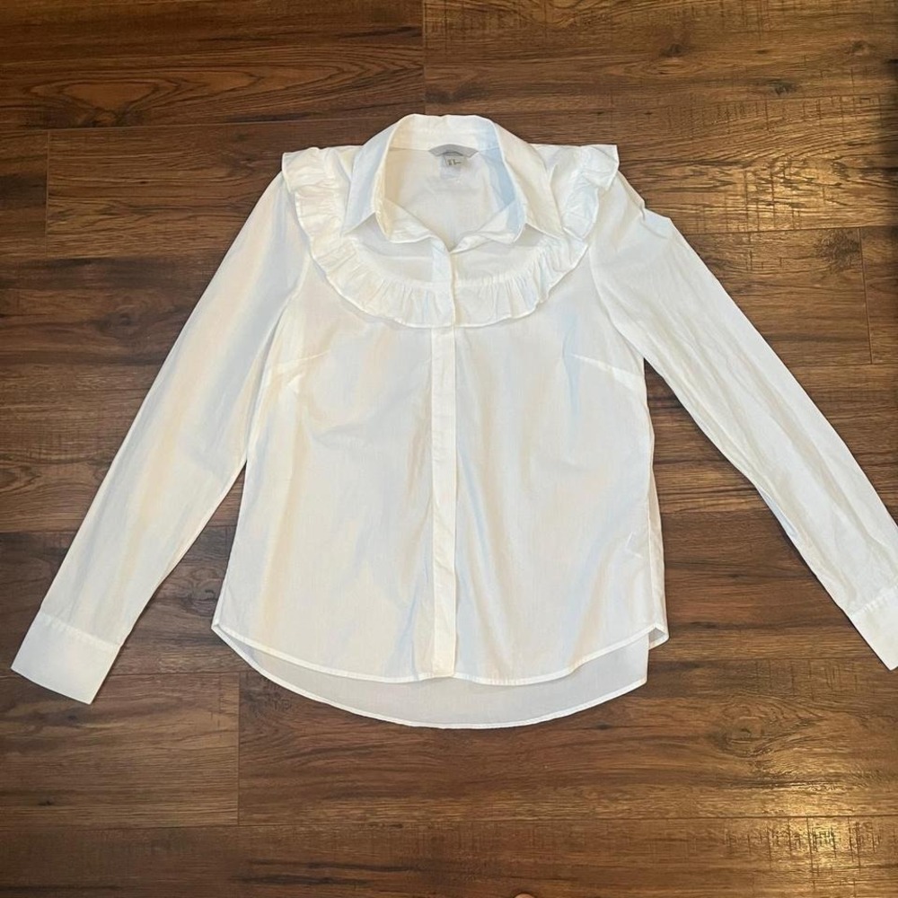 H&M White 100% Cotton‎ Button Down Blouse Ruffle Classic Cuff Women M Cottage